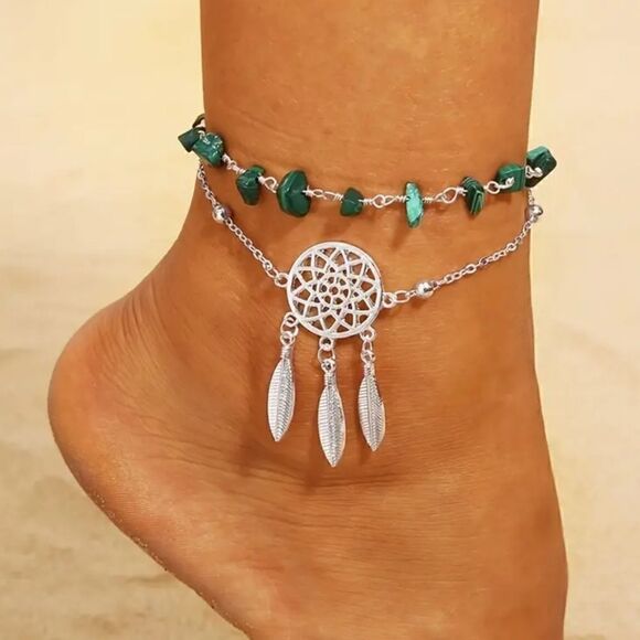 Hollow Dreamcatcher Irregular Green Turquoise AnkletSummer Beach Foot chain - Picture 9 of 9